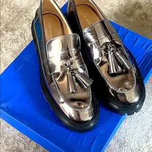 Stuart Weitzman Shiny Silver Tassel Loafers